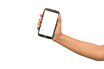 Hand holding smart phone isolated on white background