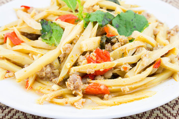 Fried bamboo shoot with pork and spicy ingredient,asian food