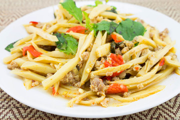 Fried bamboo shoot with pork and spicy ingredient,asian food