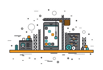 Mobile apps construction line style illustration