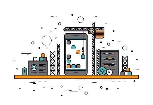 Mobile apps construction line style illustration