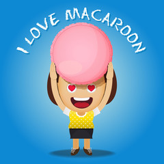 happy woman carrying big macaroon