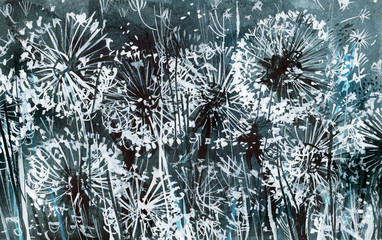 White dandelions on a dark-blue pattern, watercolor illustration, card, abstract background - 89032914
