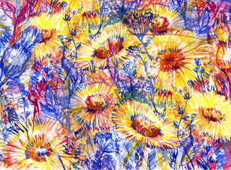 overgrown dandelions closeup, abstract watercolor background