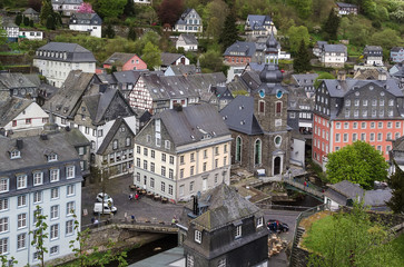 Fototapeta premium view of Monschau town centre from hill, Germany