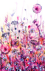 overgrown of blue and pink flowers, abstract watercolor background