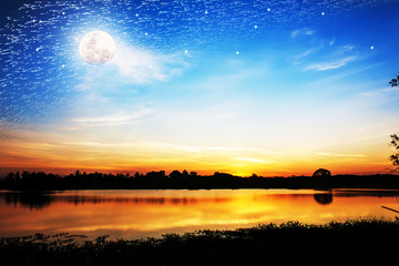 beautiful full moon and star at night on the river