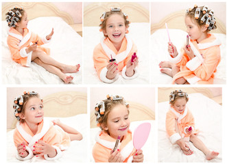 Collection of photos funny little girl polishing her nails