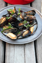 Steamed fresh mussels with wine and parsley.