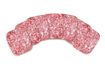 Square slices of salami isolated on white