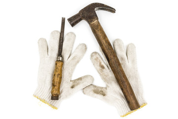 Old Tools include gloves, hammer and chisel.