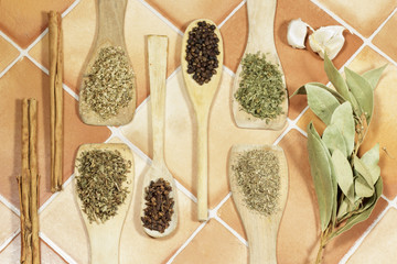 Aromatic spices of several kinds: Dry herbs, black pepper, cloves, bay leaves, cinnamon and garlic
