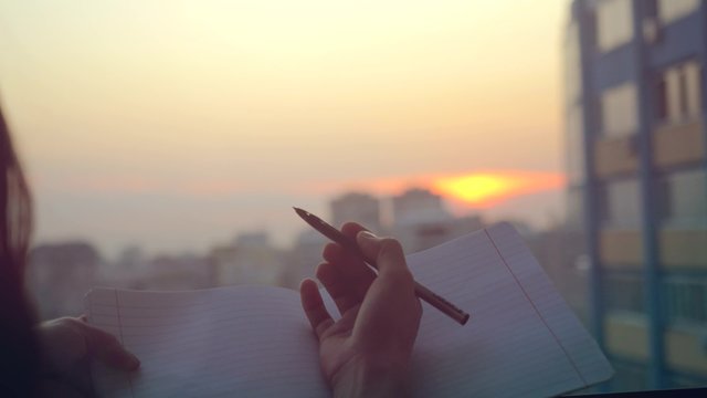 female hands with pen writing on notebook  at sunset in the city