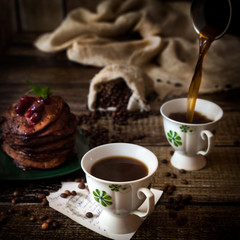 Breakfast: coffee, chocolate pancakes