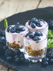 Homemade granola with yogurt, blueberry and blackberry in glass
