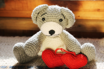 knitted toy bear hand made a couple hearts retro vintage