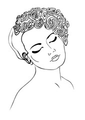 Stylized woman with flowers on her head.
