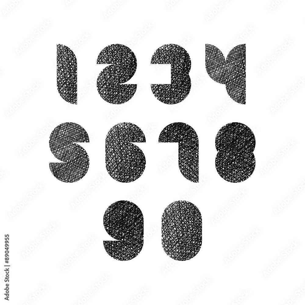 Fototapete futuristic shapes numbers set with hand drawn lines texture.