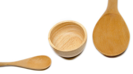 Empty wood spoon  ladle and bowl isolated