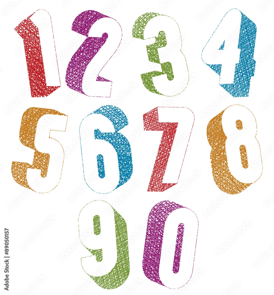 Fototapete retro style 3d bold numbers set with hand drawn lines texture.