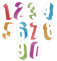 Retro style 3d bold numbers set with hand drawn lines texture.