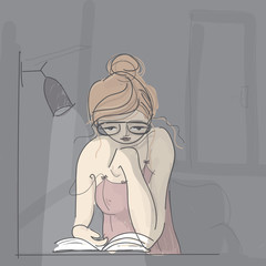 Study at night / Sketch of the young girl with a book  
