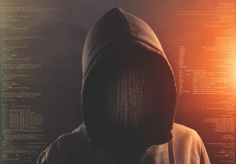 hacker at work with graphic user interface around