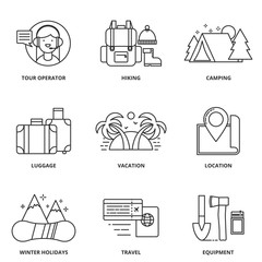 Hiking and camping vector icons set modern line style