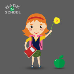 Back to school design. schoolgirl with book and flower - Vector