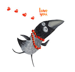 Crow in beads with hearts. Love you. Illustration. Hand drawing