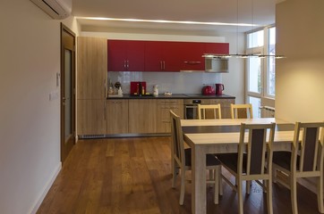 Living room with kitchen site and dining-table in renovated apartment