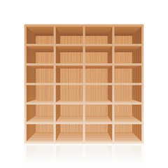 Rack or bookshelf - wooden texture optic - with twenty four empty cubbyholes. Isolated vector illustration on white background.