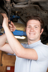 Portrait Of Mechanic Working On Wheel Underneath Car