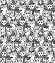 Group owl gray scale seamless pattern