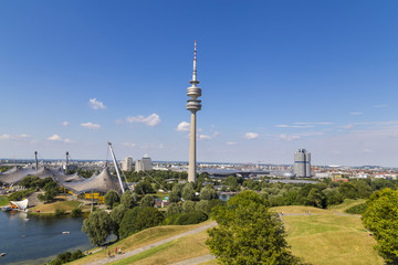 Obraz premium Bright blue sky on a sunny day in Olympiapark in Munich, Germany. Famous landmark