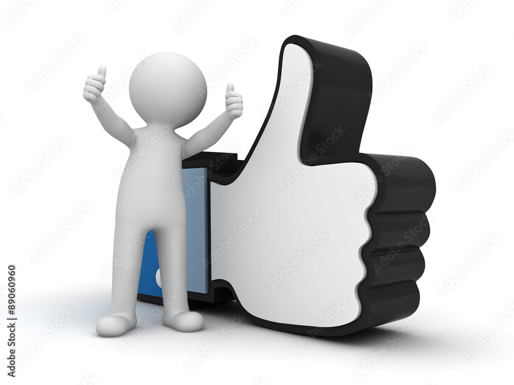 Poster 3d man showing thumb up with like hand symbol over white background