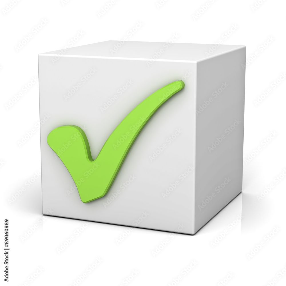 Poster green check mark sign on white box isolated over white background with reflection