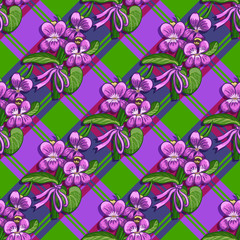 Seamless pattern bouquet of violets tied with a ribbon