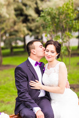 Bride and Groom at wedding Day walking Outdoors on autumn nature
