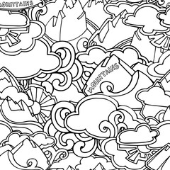 Nature tourism seamless pattern, hand drawn mountains