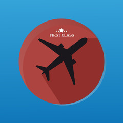 Airplane Silhouette Sticker With Flat Button And With Long Shadow First Class