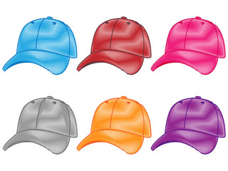 Set of Baseball Caps in Different Colours Cyan Dark Red Pink Grey Orange Purple Pencil Style 2