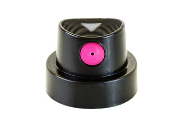 Close-up of a clean black spray can nozzle isolated on white background.
