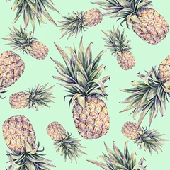 Wallpaper murals Pineapple Pineapples on a light green background. Watercolor colourful illustration. Tropical fruit. Seamless pattern