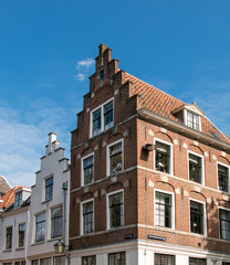 Facades of old houses on corner of Annastraat and Minrebroederstraat in the city of Utrecht, Netherlands