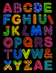 funny English alphabet isolated on black  background