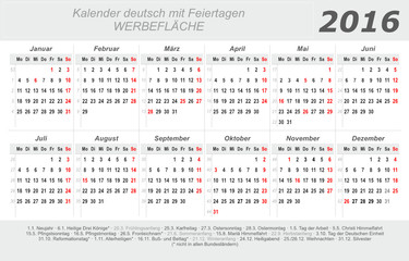 Kalender 2016 - grau - quer - deutsch - mit Feiertagen 