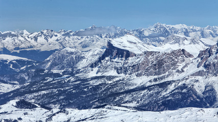Fototapeta na wymiar Skiing on the dolomites, Val di Fiemme, Italy.