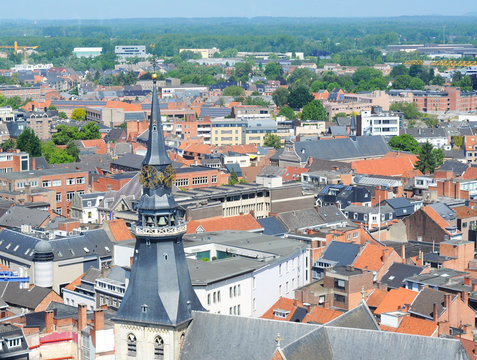 view over hasselt, limburg, belgium, with cathedral of saint quintinus in front
