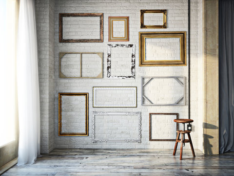 Abstract interior of assorted classic empty picture frames against a white brick wall with rustic hardwood floors. Photo realistic 3d model scene